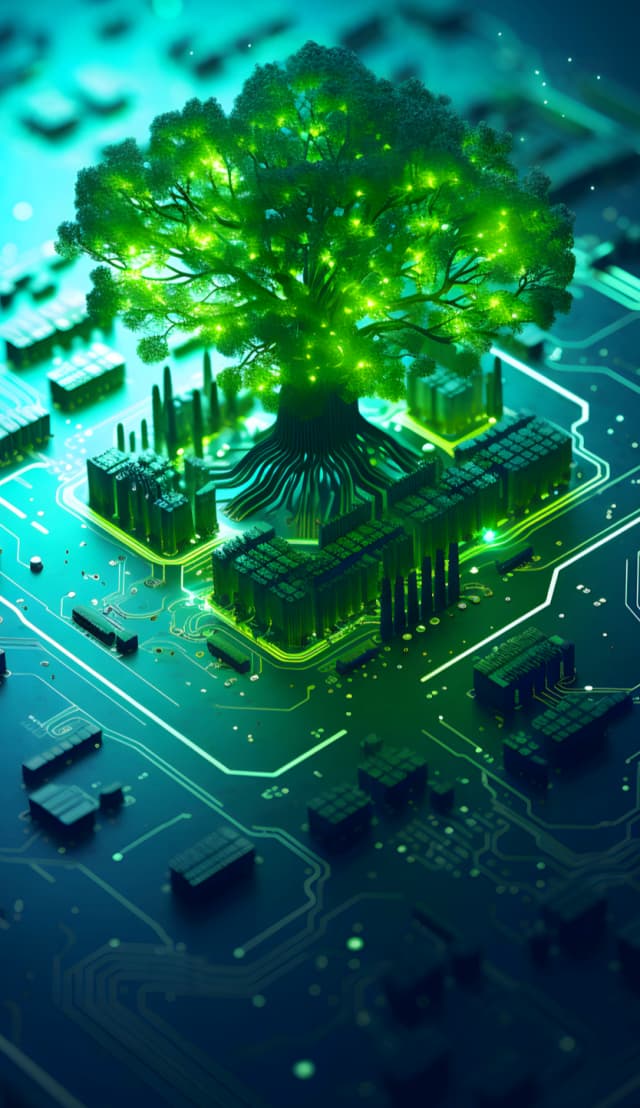 Arbol con fondo tecnológico, construcción de green data centers en todo Mexico y Latinoamerica