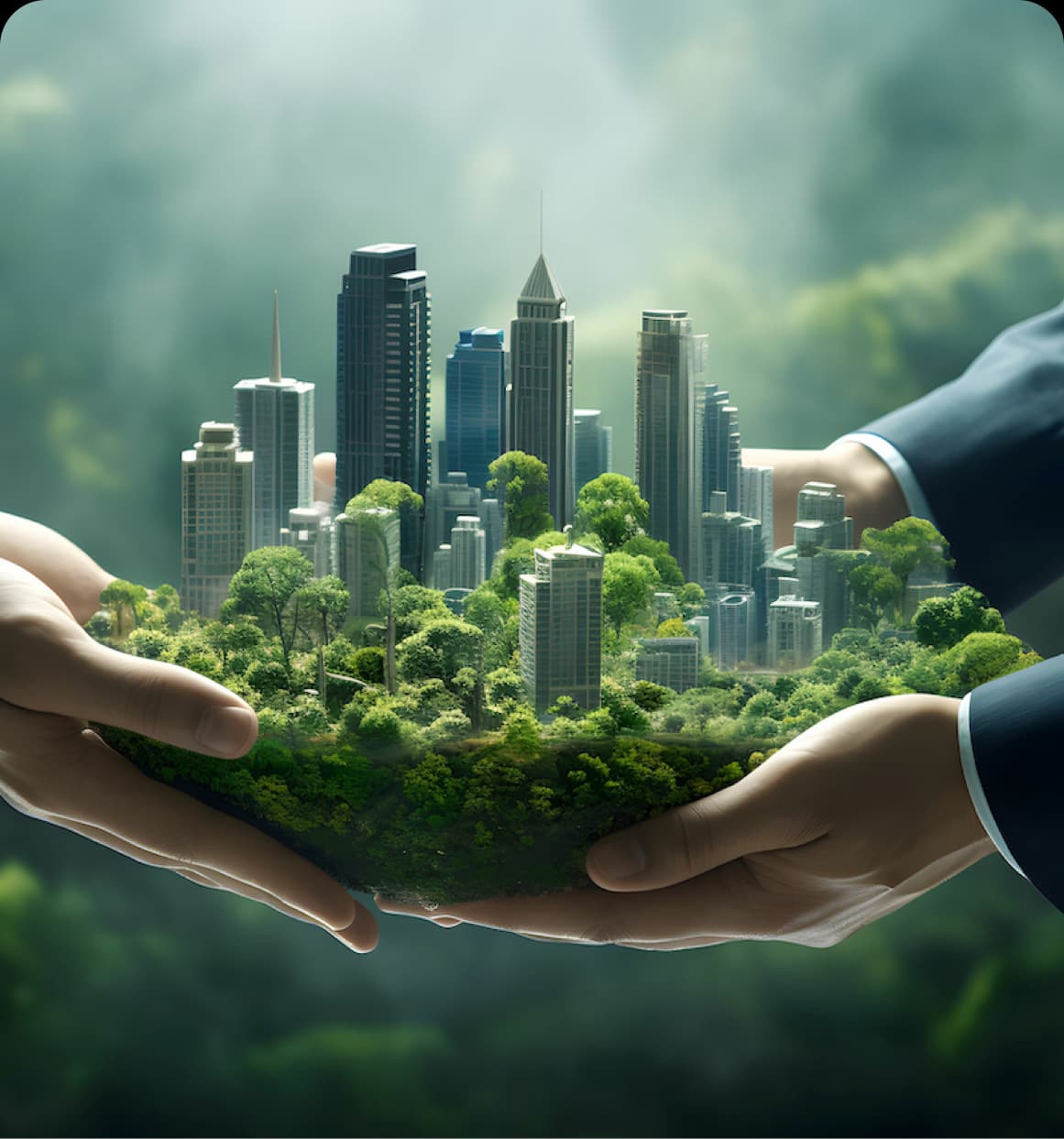 Arte digital, manos abrazando ediificios inteligentes y sustentables